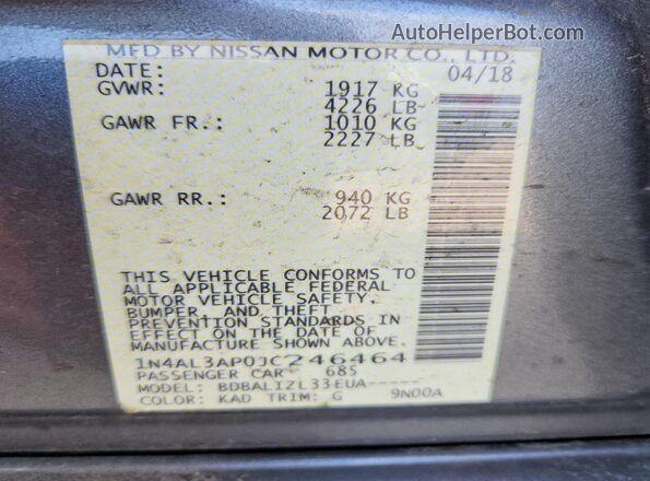 1N4AL3AP0JC246464 2018 NISSAN ALTIMA Gray Engine compartment view