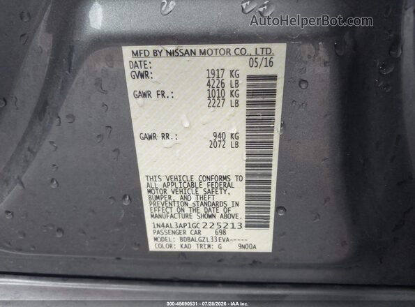 1N4AL3AP1GC225213 2016 NISSAN ALTIMA Gray Вид підкапотного простору