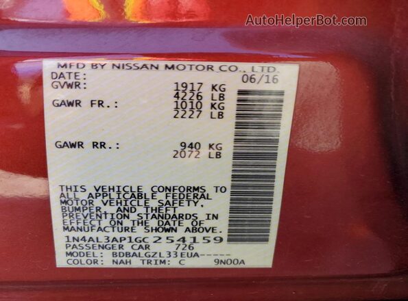 1N4AL3AP1GC254159 2016 NISSAN ALTIMA Red Вид підкапотного простору
