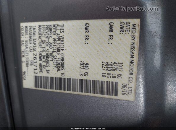 1N4AL3AP1GC261712 2016 NISSAN ALTIMA Gray Вид підкапотного простору