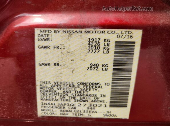 1N4AL3AP1GC273021 2016 NISSAN ALTIMA Red Vista del compartimento del motor