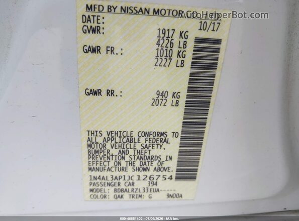 1N4AL3AP1JC126754 2018 NISSAN ALTIMA White Շարժիչի բաժամունքի տեսք