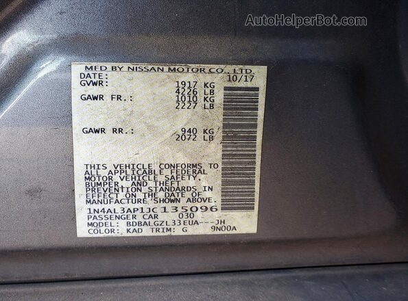 1N4AL3AP1JC135096 2018 NISSAN ALTIMA Gray Widok komory silnika