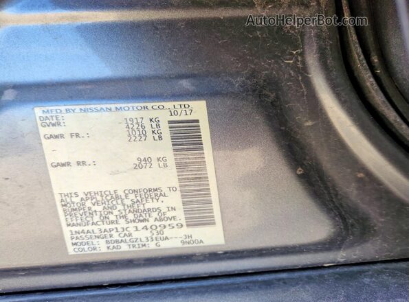 1N4AL3AP1JC140959 2018 NISSAN ALTIMA Gray VIN კოდის სტიკერის ხედი