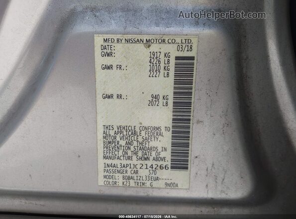 1N4AL3AP1JC214266 2018 NISSAN ALTIMA Серебряный Вид подкапотного пространства