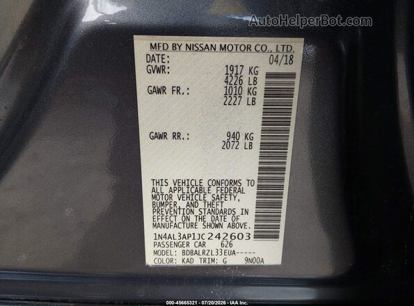 1N4AL3AP1JC242603 2018 NISSAN ALTIMA Gray Vista del compartimento del motor