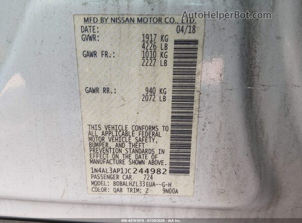 1N4AL3AP1JC244982 2018 NISSAN ALTIMA Белый Вид подкапотного пространства