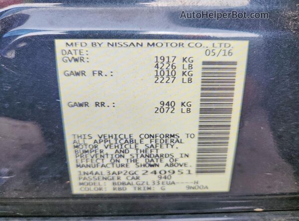1N4AL3AP2GC240951 2016 NISSAN ALTIMA Gray Engine compartment view
