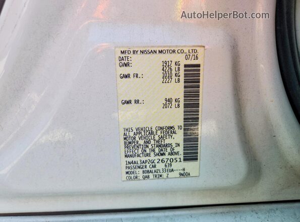 1N4AL3AP2GC267051 2016 NISSAN ALTIMA White Vista del compartimento del motor