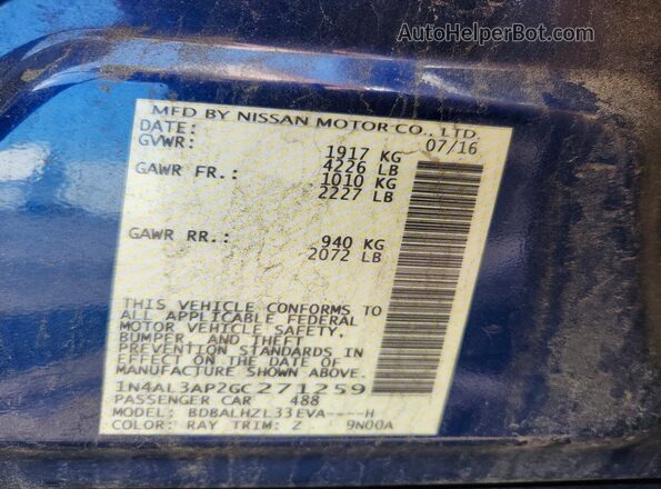 1N4AL3AP2GC271259 2016 NISSAN ALTIMA Blue ძრავის განყოფილების ხედი