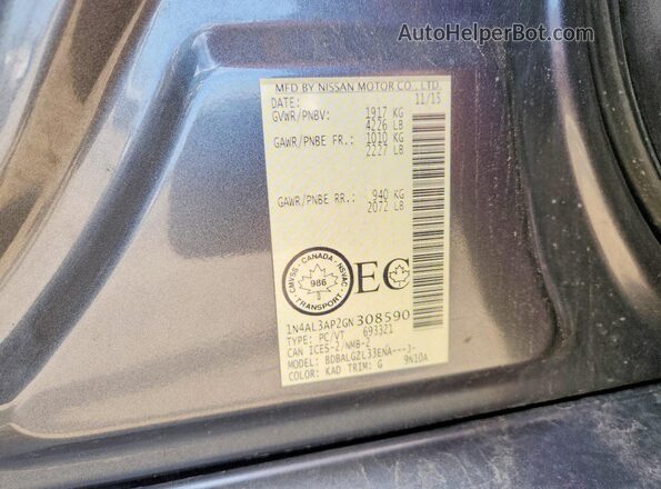 1N4AL3AP2GN308590 2016 NISSAN ALTIMA Серый Вид наклейки с VIN-кодом