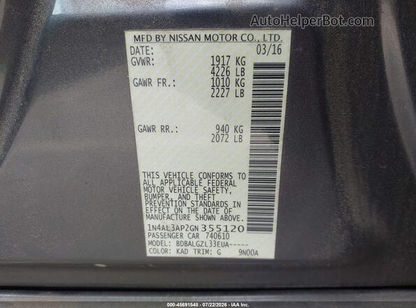 1N4AL3AP2GN355120 2016 NISSAN ALTIMA Gray ძრავის განყოფილების ხედი