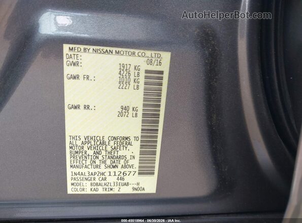 1N4AL3AP2HC112677 2017 NISSAN ALTIMA Gray Vista del compartimento del motor