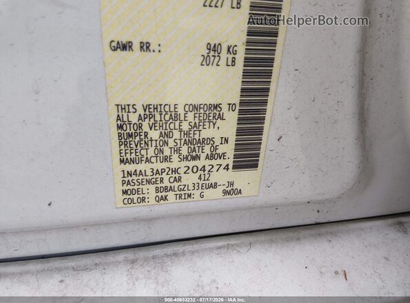 1N4AL3AP2HC204274 2017 NISSAN ALTIMA White Շարժիչի բաժամունքի տեսք
