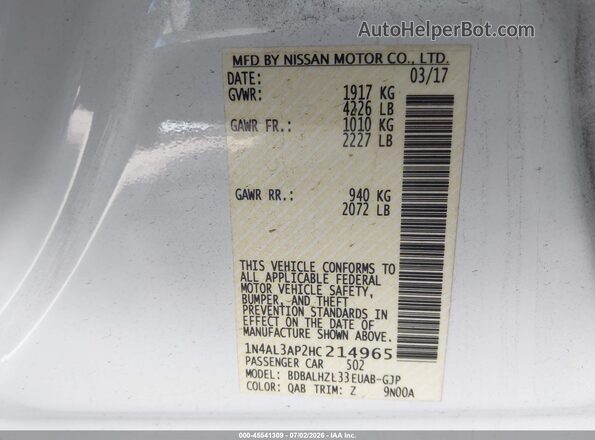 1N4AL3AP2HC214965 2017 NISSAN ALTIMA White Engine compartment view