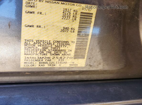 1N4AL3AP2HC254270 2017 NISSAN ALTIMA Серый Вид наклейки с VIN-кодом