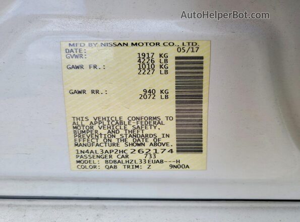 1N4AL3AP2HC262174 2017 NISSAN ALTIMA White Vista del compartimento del motor