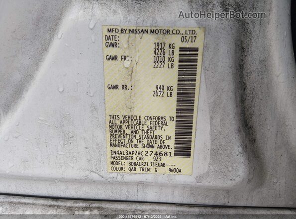 1N4AL3AP2HC274681 2017 NISSAN ALTIMA White Vista del compartimento del motor