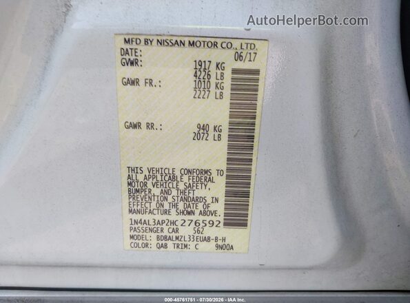 1N4AL3AP2HC276592 2017 NISSAN ALTIMA White Вид підкапотного простору