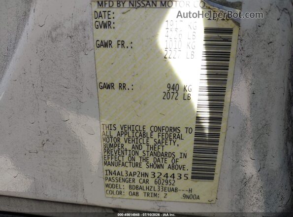 1N4AL3AP2HN324435 2017 NISSAN ALTIMA White Vista del compartimento del motor