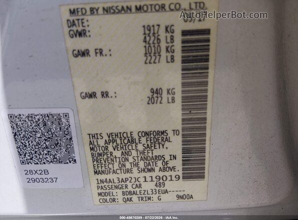 1N4AL3AP2JC119019 2018 NISSAN ALTIMA Белый Вид подкапотного пространства