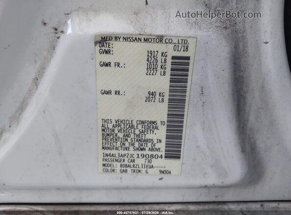 1N4AL3AP2JC190804 2018 NISSAN ALTIMA Белый Вид подкапотного пространства