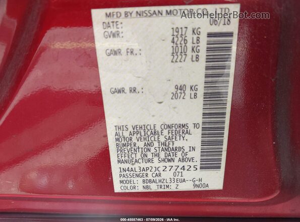 1N4AL3AP2JC277425 2018 NISSAN ALTIMA Red ძრავის განყოფილების ხედი