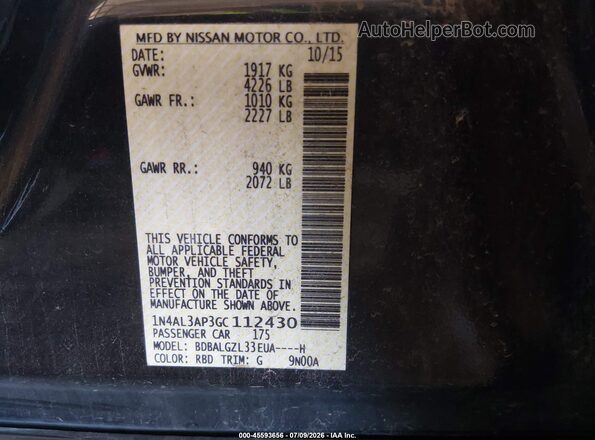 1N4AL3AP3GC112430 2016 NISSAN ALTIMA Black ძრავის განყოფილების ხედი