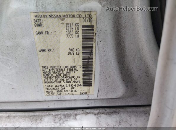 1N4AL3AP3GC150434 2016 NISSAN ALTIMA White Вид підкапотного простору