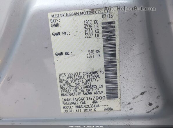 1N4AL3AP3GC167900 2016 NISSAN ALTIMA Серебряный Вид подкапотного пространства