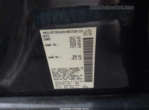 1N4AL3AP3GC175222 2016 NISSAN ALTIMA Black ძრავის განყოფილების ხედი
