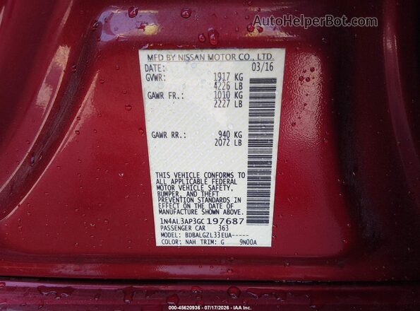 1N4AL3AP3GC197687 2016 NISSAN ALTIMA Red Vista del compartimento del motor
