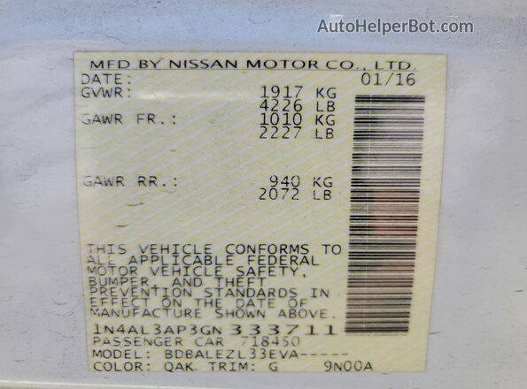 1N4AL3AP3GN333711 2016 NISSAN ALTIMA White Вид підкапотного простору