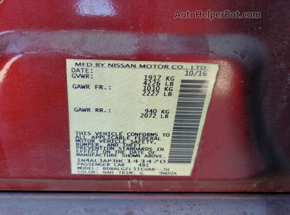 1N4AL3AP3HC143470 2017 NISSAN ALTIMA Red Vista de la etiqueta del VIN