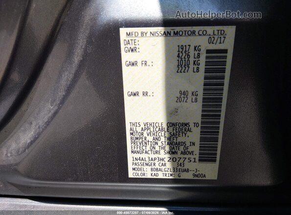 1N4AL3AP3HC207751 2017 NISSAN ALTIMA Gray ძრავის განყოფილების ხედი