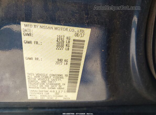 1N4AL3AP3HC481175 2017 NISSAN ALTIMA Синий Вид подкапотного пространства