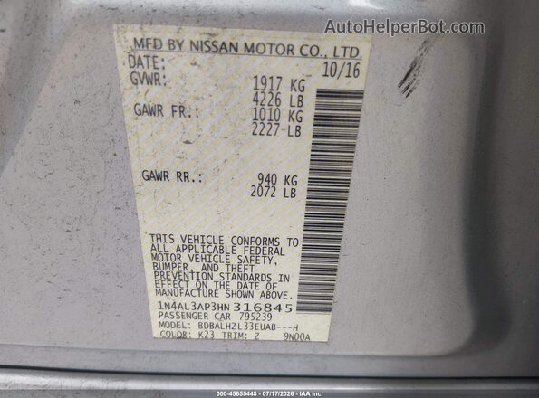 1N4AL3AP3HN316845 2017 NISSAN ALTIMA Silver Widok komory silnika