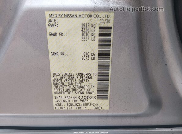 1N4AL3AP3HN320023 2017 NISSAN ALTIMA Серебряный Вид подкапотного пространства