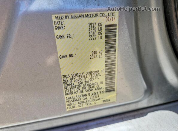 1N4AL3AP3HN336139 2017 NISSAN ALTIMA Silver VIN კოდის სტიკერის ხედი