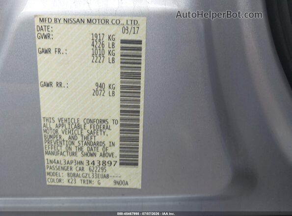 1N4AL3AP3HN343897 2017 NISSAN ALTIMA Gray Вид підкапотного простору
