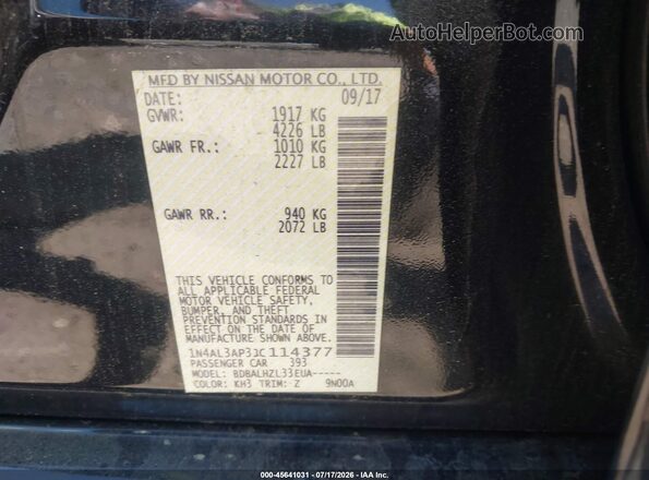 1N4AL3AP3JC114377 2018 NISSAN ALTIMA Черный Вид наклейки с VIN-кодом