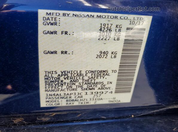 1N4AL3AP3JC139974 2018 NISSAN ALTIMA Blue Vista del compartimento del motor