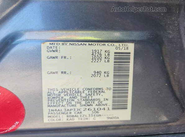1N4AL3AP3JC261041 2018 NISSAN ALTIMA Gray Շարժիչի բաժամունքի տեսք