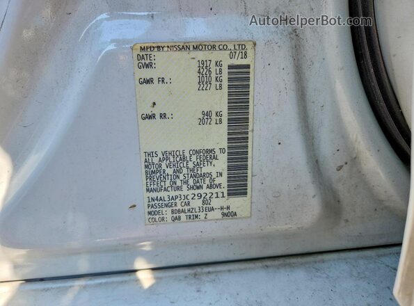 1N4AL3AP3JC292211 2018 NISSAN ALTIMA White Вид наклейки з VIN-кодом