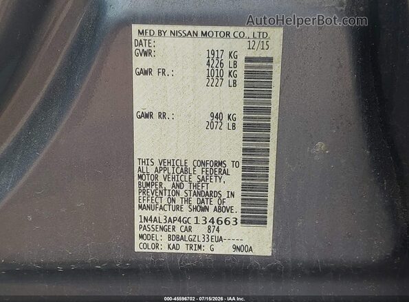 1N4AL3AP4GC134663 2016 NISSAN ALTIMA Gray ძრავის განყოფილების ხედი