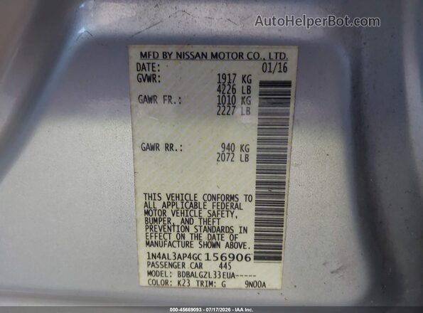 1N4AL3AP4GC156906 2016 NISSAN ALTIMA Silver Vista del compartimento del motor