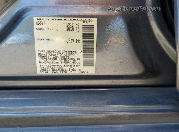1N4AL3AP4GC198394 2016 NISSAN ALTIMA Charcoal Շարժիչի բաժամունքի տեսք