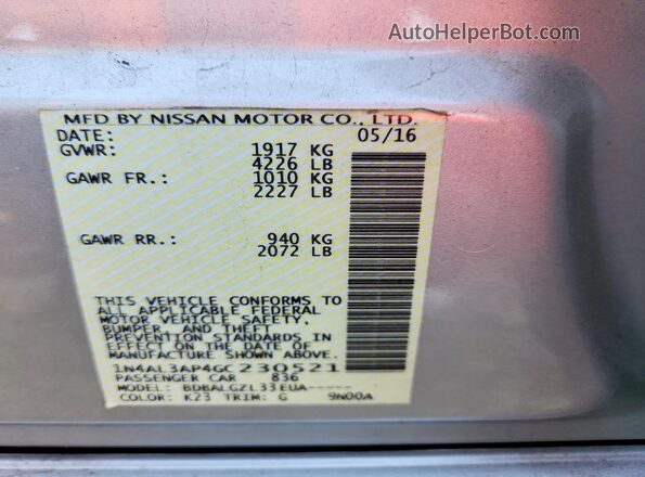1N4AL3AP4GC230521 2016 NISSAN ALTIMA Silver Vista del compartimento del motor