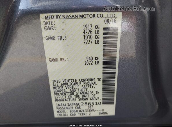 1N4AL3AP4GC286510 2016 NISSAN ALTIMA Gray Engine compartment view