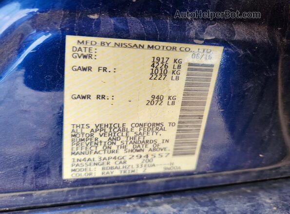 1N4AL3AP4GC294557 2016 NISSAN ALTIMA Blue Vista de la etiqueta del VIN